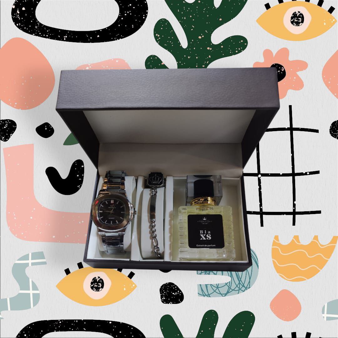 علبة هدايا رجالية فاخرة (ساعة، سوار وعطر)