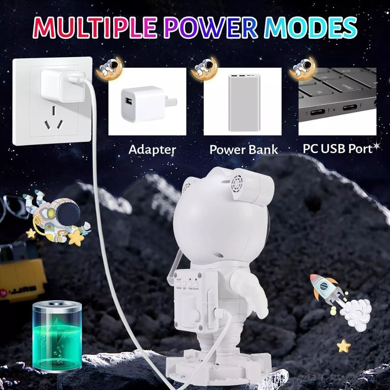 روبوت فضائي للديكور بإضاءة نجوم ملوّنة وصوت موسيقي