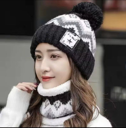 طقم قبعة وغطاء رقبة صوفي بنقوش جميلة للشتاء