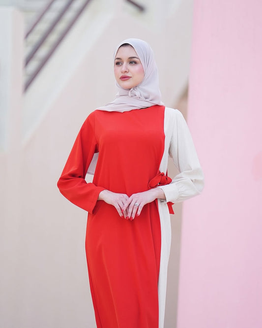 Robe Bicolore Moderne – Élégance Rouge & Beige